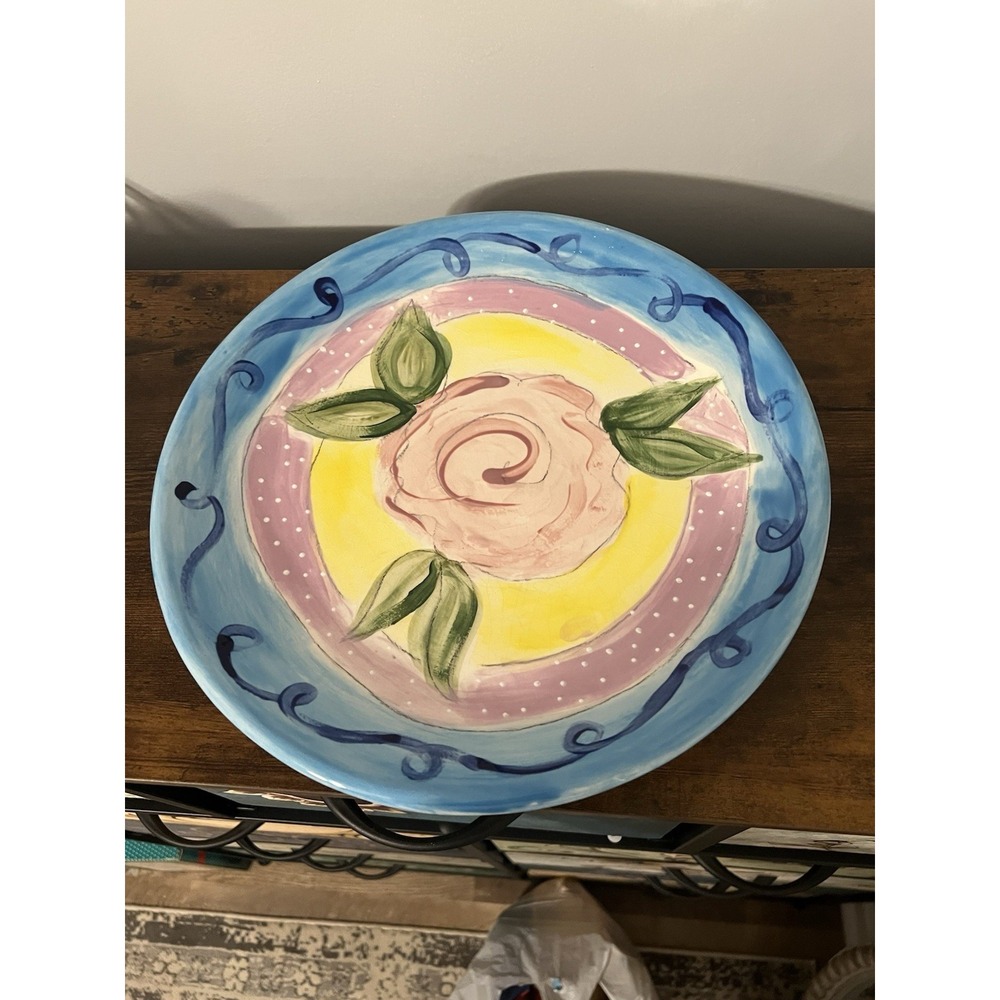 Signed DRK Donna Rich Kaplowitz Hand Painted Studio Pottery Plate Floral 13 Inch